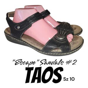Taos Sz10 Escape Arch Support Black Leather Upper Casual Distressed Logo Sandals